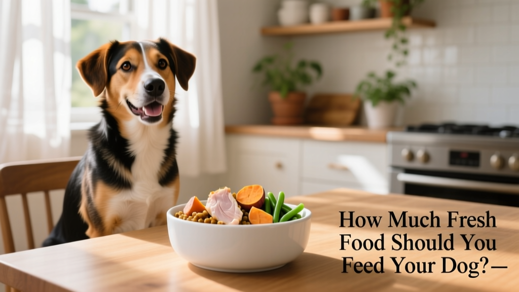 A happy, healthy medium-sized dog sitting beside a clean bowl of fresh dog food
