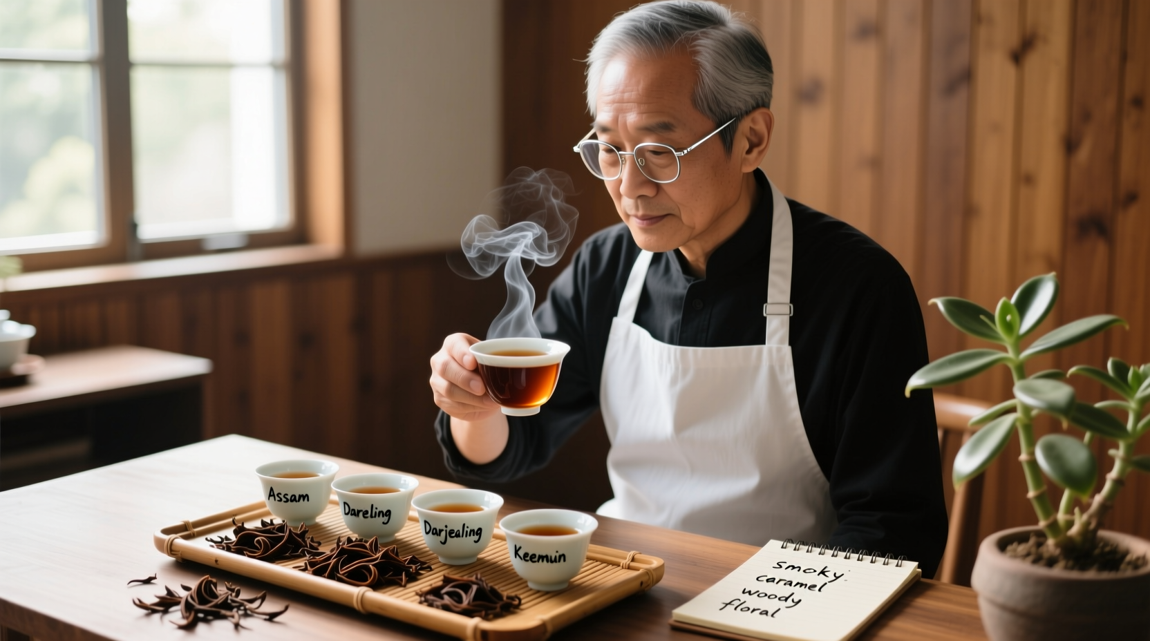 Professional tea taster evaluating black tea flavor notes