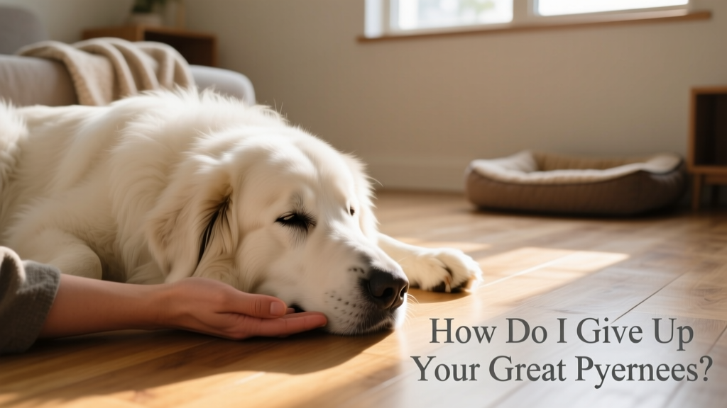 A calm, gentle Great Pyrenees resting beside a person's hand, conveying trust and serenity