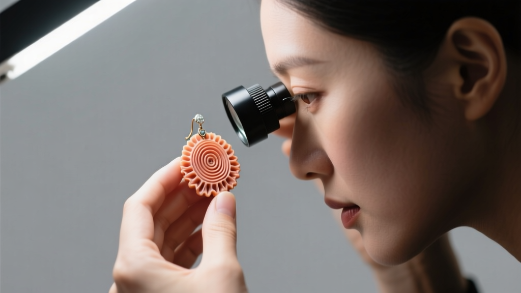 Jeweler using a 10x loupe to inspect the surface of a carved coral earring for natural growth rings under bright LED lighting.