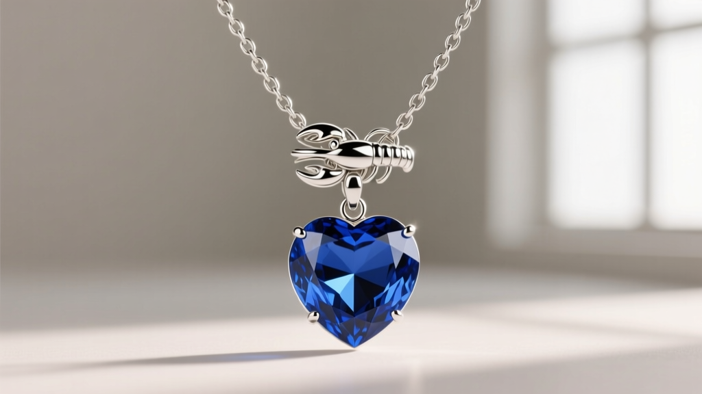 Macro shot of a rhodium-plated silver lobster clasp and delicate box chain attached to a blue gemstone heart pendant, sharp focus