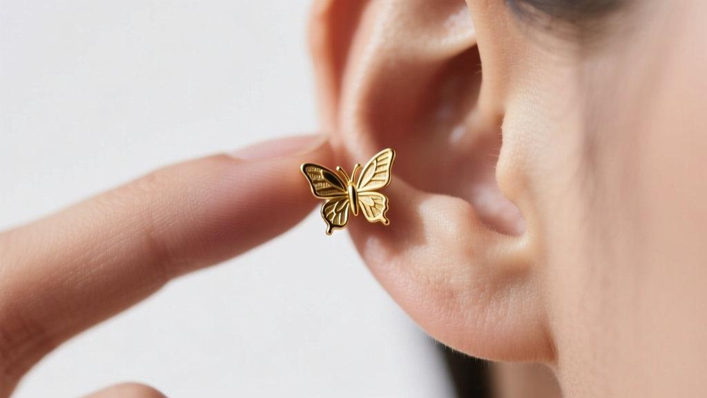 Close-up of fingers gently holding a 20-gauge gold stud earring with a metal butterfly back against a softly lit, clean earlobe.