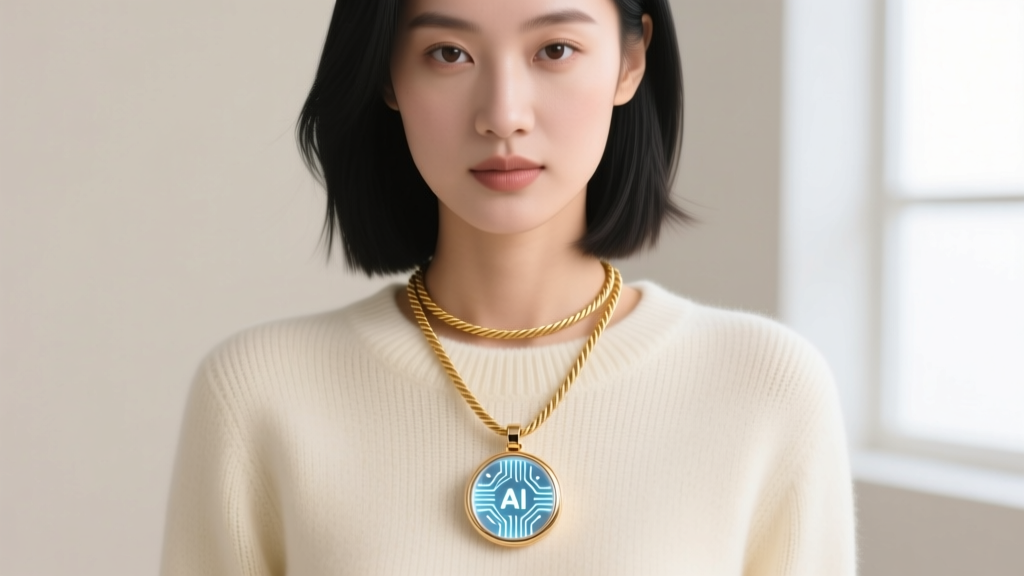 Model layering a smart AI pendant with two 18k gold vermeil cable chains over a cream knit sweater in soft studio lighting.