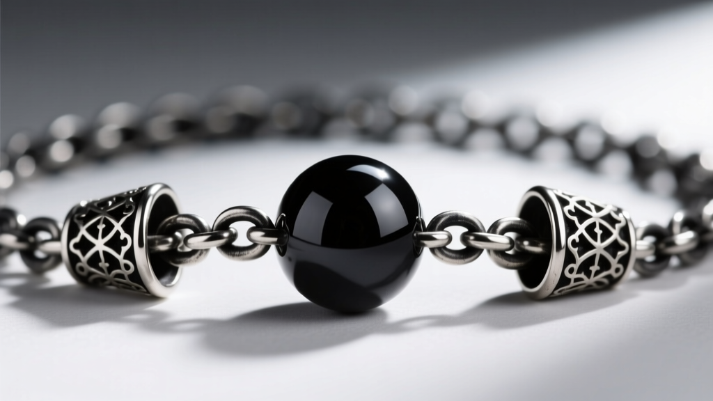 Macro shot of a 1.2mm oxidized silver rolo chain attached to a polished black onyx bead with intricate gothic filigree end caps