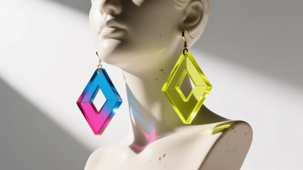 Lightweight acrylic statement dangle earrings on a ceramic bust, showcasing large visual volume with very low physical weight