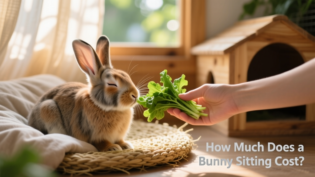 A gentle hand feeding fresh greens to a relaxed rabbit in its familiar living space
