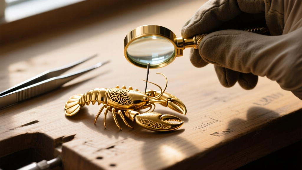 Close-up of a 14k gold lobster clasp mechanism being examined by a jeweler using a loupe and micro-tools on a wooden workbench.