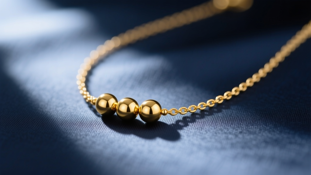 Close-up of a 14k gold bead necklace with 3mm polished beads on a delicate cable chain, resting on silk, soft lighting.