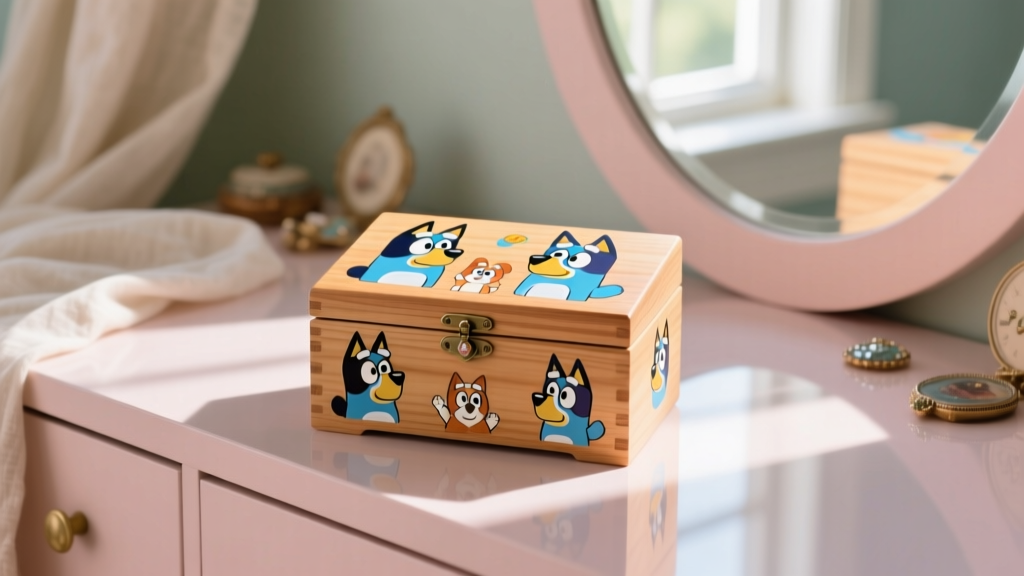 Hand-painted wooden Bluey jewelry box on a pastel vanity, featuring whimsical character motifs on the lid under soft morning light