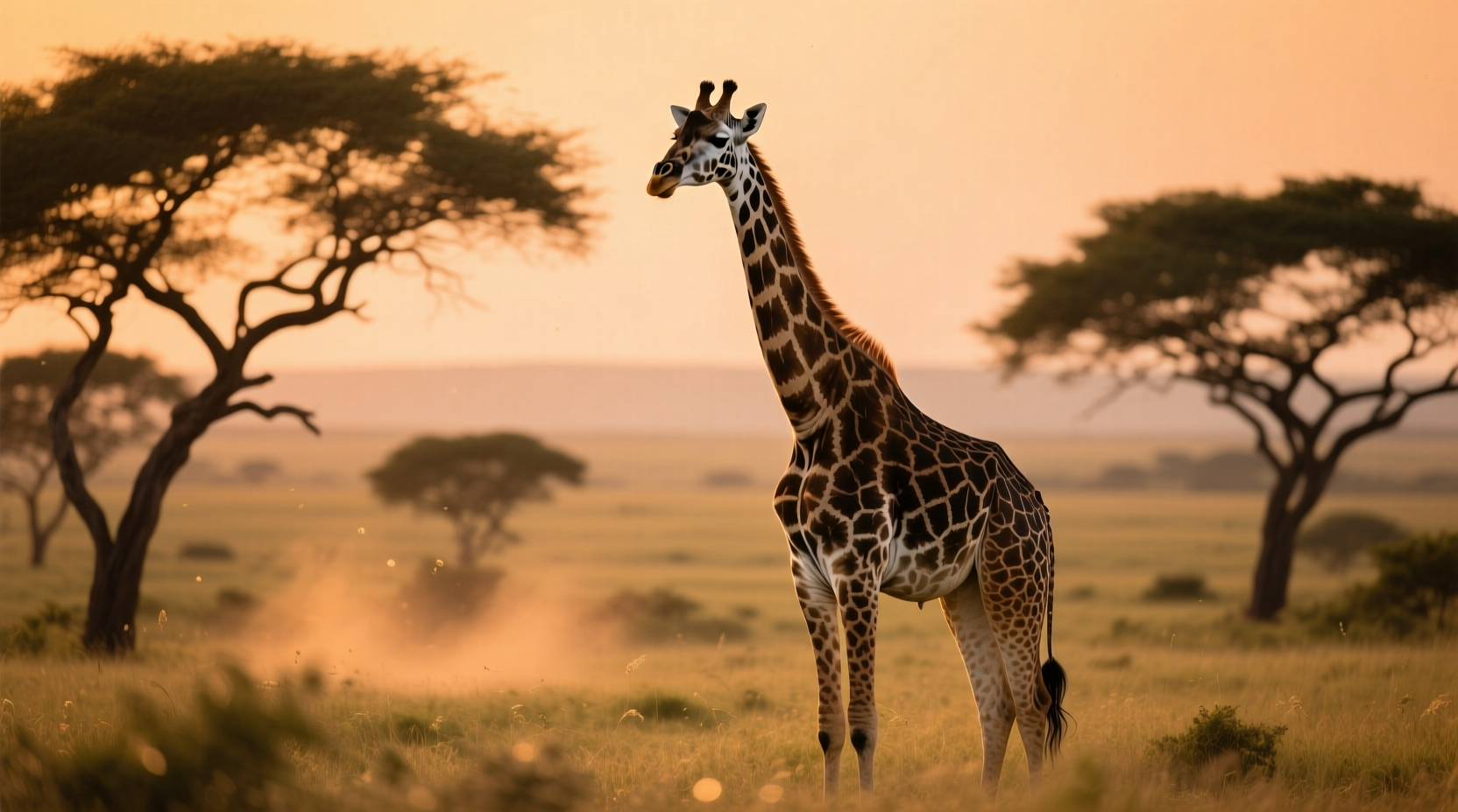 Giraffe in natural savanna habitat with acacia trees