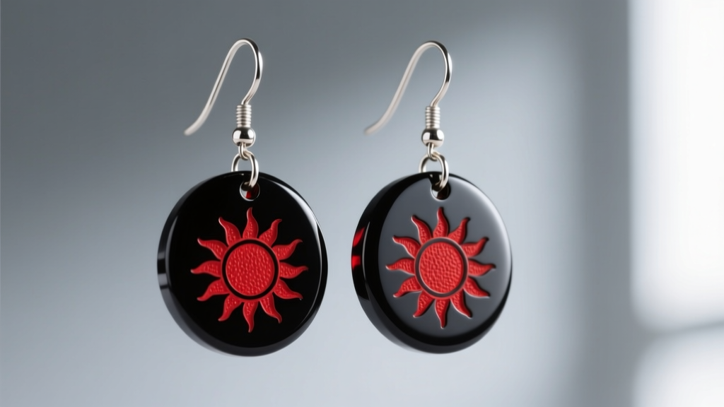 Macro of Hanafuda dangle earrings with red sun motif on black acrylic, hanging from titanium hooks against soft grey background