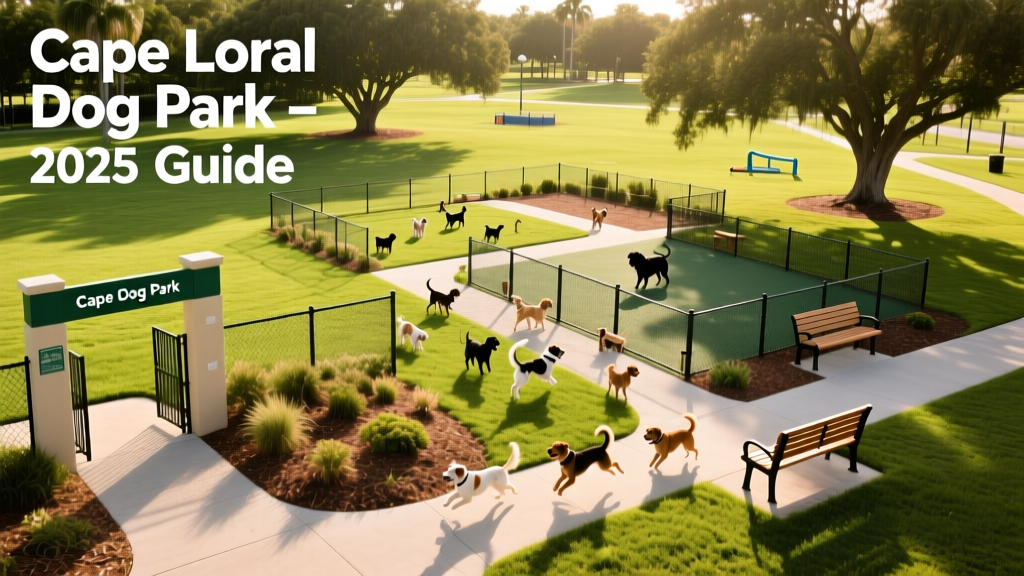 Aerial view of a spacious, well-maintained dog park with separate fenced zones for small and large dogs, shaded benches, and lush greenery