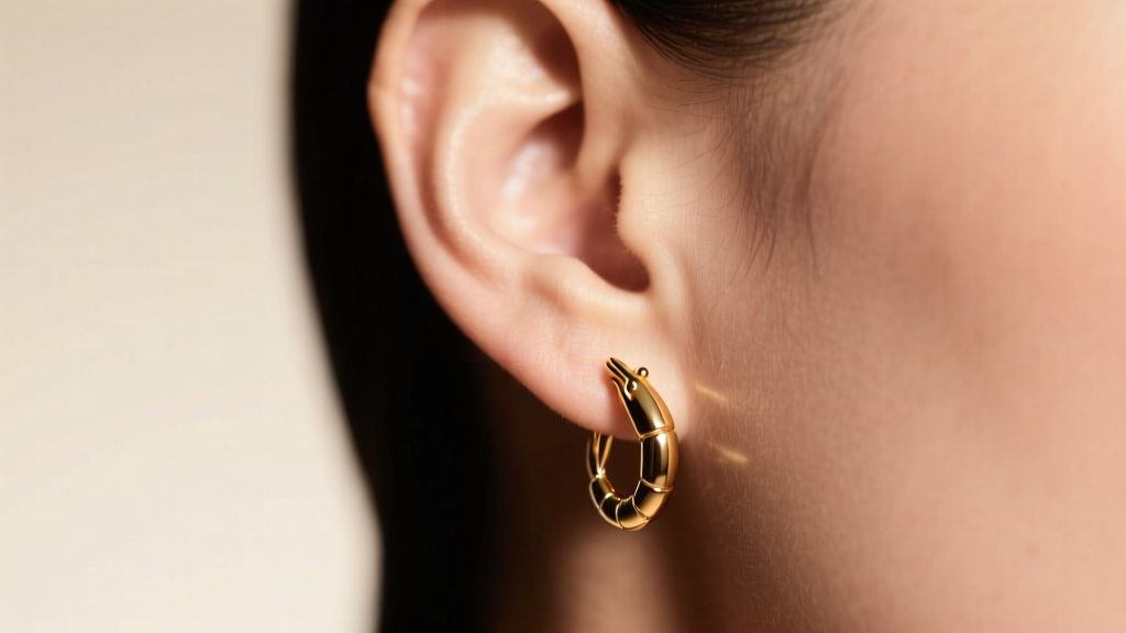 Close-up of an earlobe wearing a 10mm gold shrimp hoop, showing the sleek front-facing silhouette in soft, warm studio light.