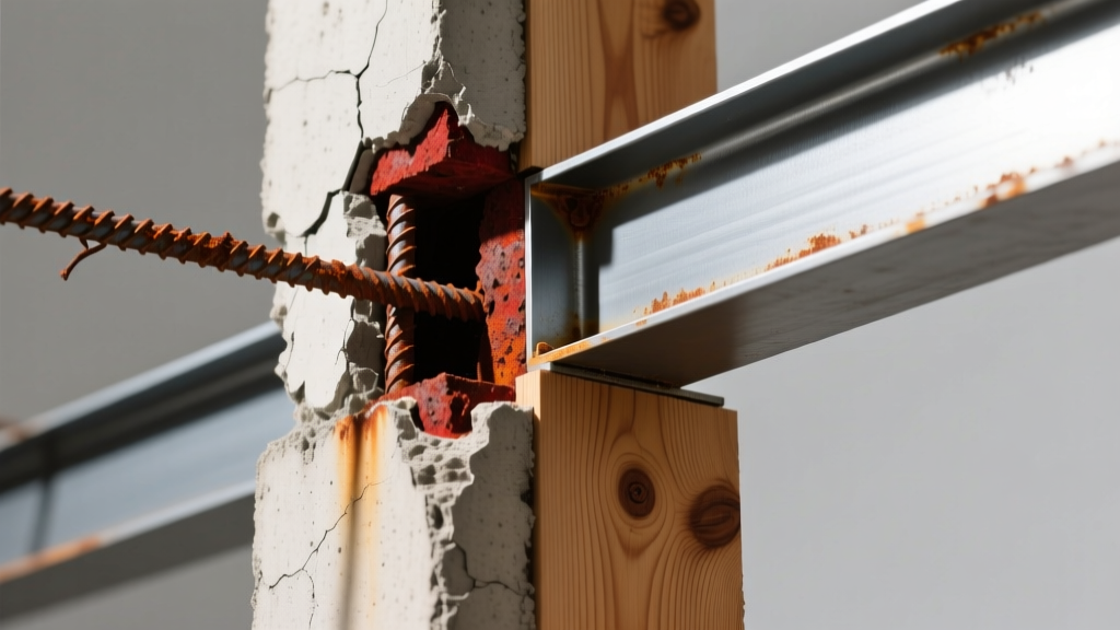 Cross-section of a spalling concrete pillar showing rusted rebar next to a pristine structural steel beam and mass timber column