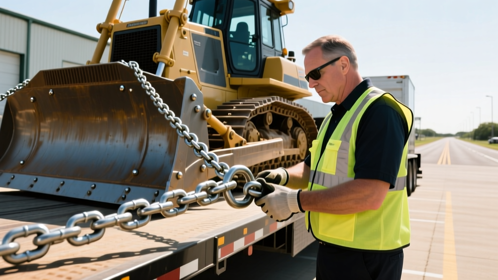 Transport inspector checking heavy duty chain binders securing a bulldozer on a flatbed trailer in Richmond County