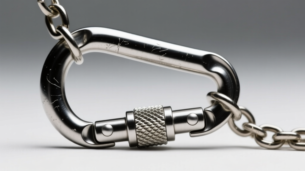 Close-up of a 3mm steel screw-lock carabiner clasp securing a heavy keychain necklace, highlighting the precise threading detail.