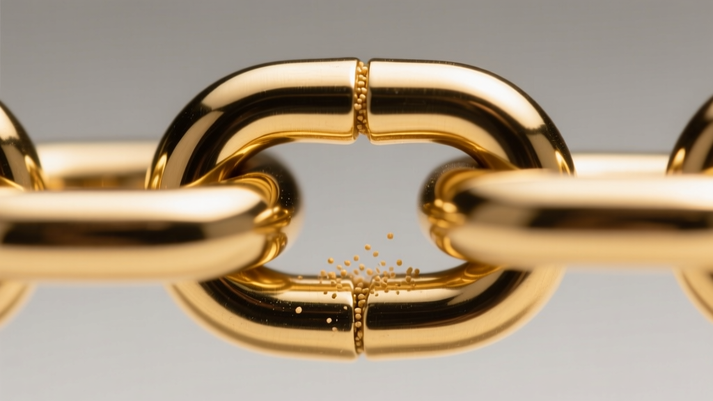 Macro shot of a gold PVD steel chain link, showing the smooth reflective surface and a small crevice trapping fine dust particles