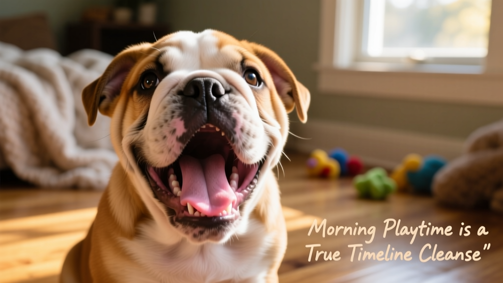 Close-up of an English Bulldog puppy yawning widely, showing its wrinkled face and expressive eyes