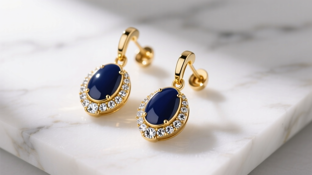 Close-up of gold-plated brass dangle earrings with navy enamel and pavé cubic zirconia accents resting on white marble.