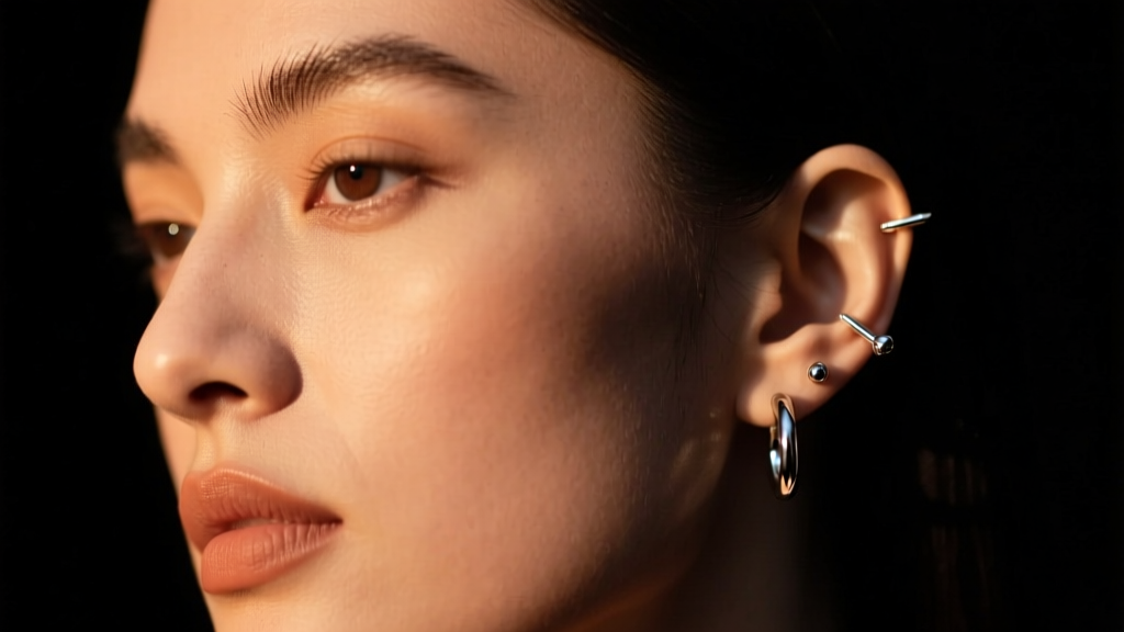 Portrait of a model with a curated ear featuring threadless titanium studs and huggies, shot in moody, cinematic studio lighting.