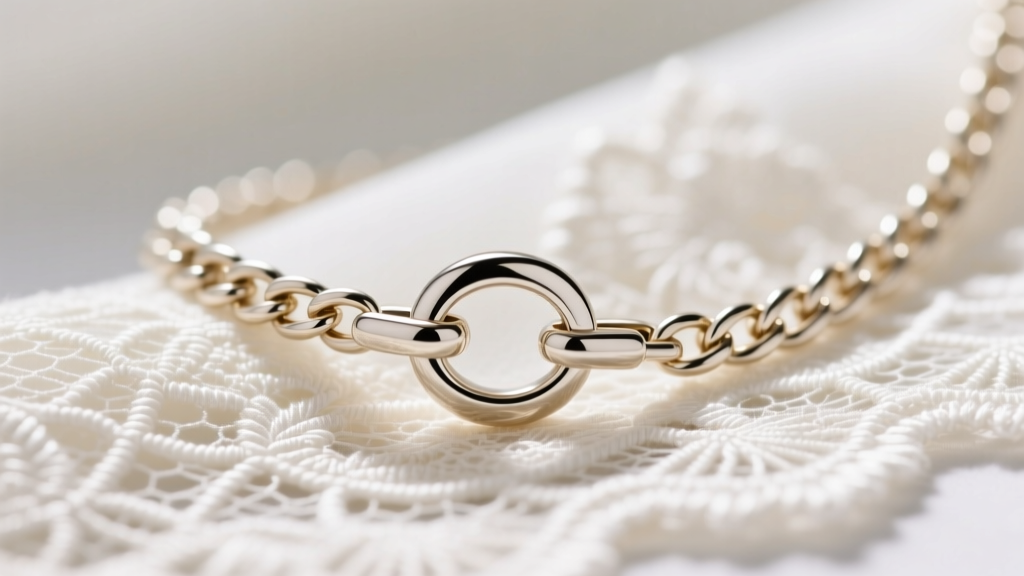Close-up macro shot of a secure lobster clasp on a delicate 14k white gold rolo chain resting against ivory lace bridal fabric