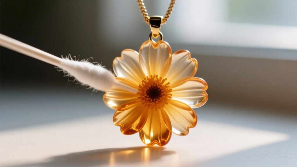 Macro shot of cotton swab gently cleaning intricate grooves of a resin marigold pendant, highlighting the delicate floral texture.