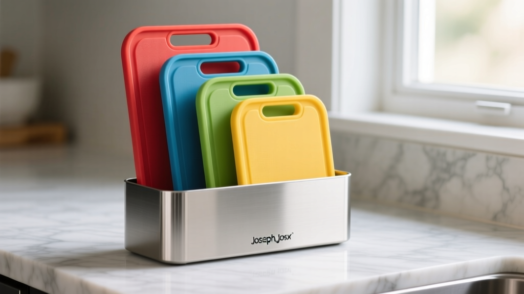 Color-coded Joseph Joseph Index compact cutting board set standing upright in its sleek steel storage case on a quartz countertop