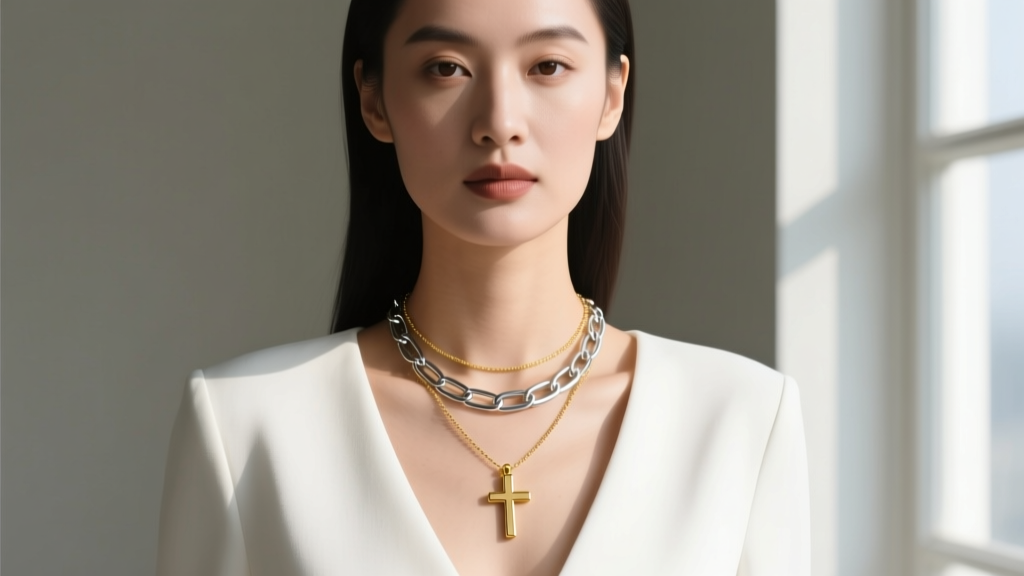Woman wearing a layered stack with a 15mm gold cross on a 16-inch chain and a 20-inch paperclip chain over a crisp white top.
