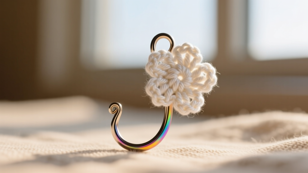 Macro shot of 20-gauge niobium hooks with a crocheted flower, highlighting the smooth hypoallergenic metal and white cotton.