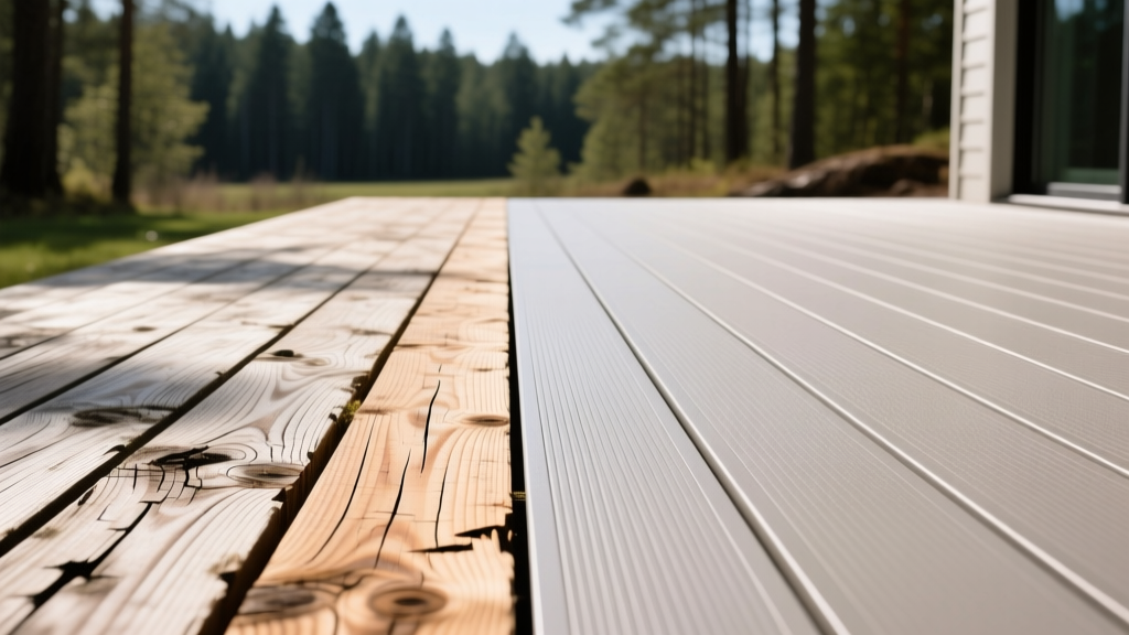 Weathered pine deck boards contrasting with pristine PVC decking, highlighting long-term outdoor material aging and structural durability.