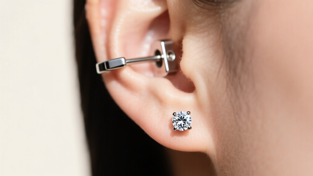 Profile of an earlobe wearing a diamond stud with a sleek metallic lox earring back locking mechanism visible in sharp focus.