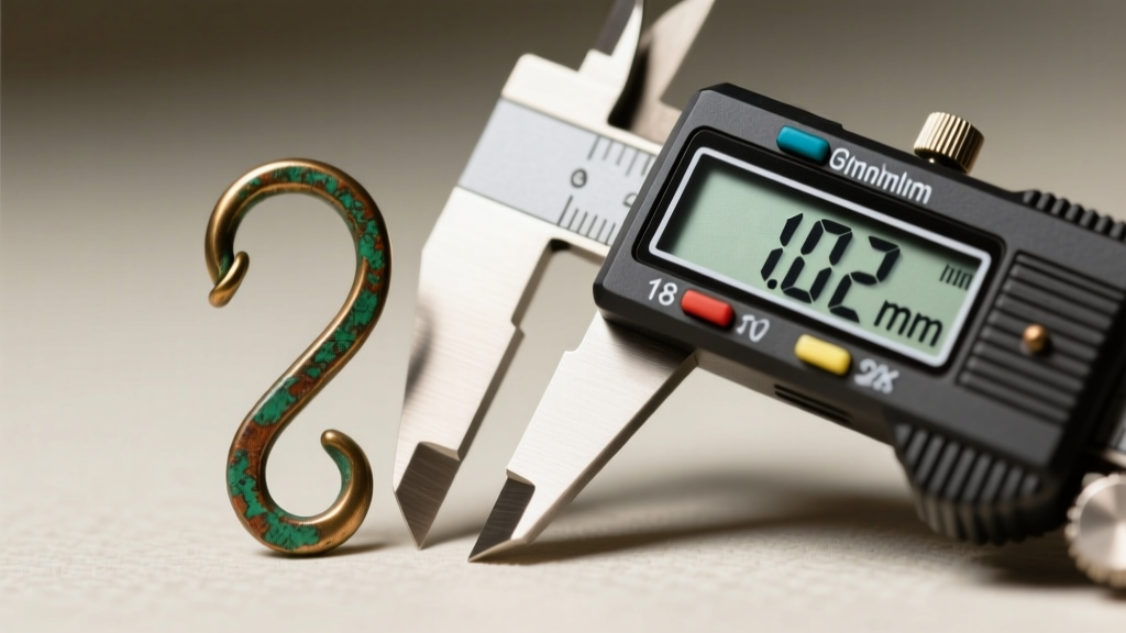 Macro photography of an 18-gauge oxidized bronze ear wire hook next to a digital caliper measuring exactly 1.02mm in thickness