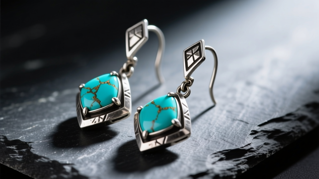 Close-up of mixed-metal Tabra drop earrings with oxidized sterling silver and natural turquoise resting on a dark slate surface.