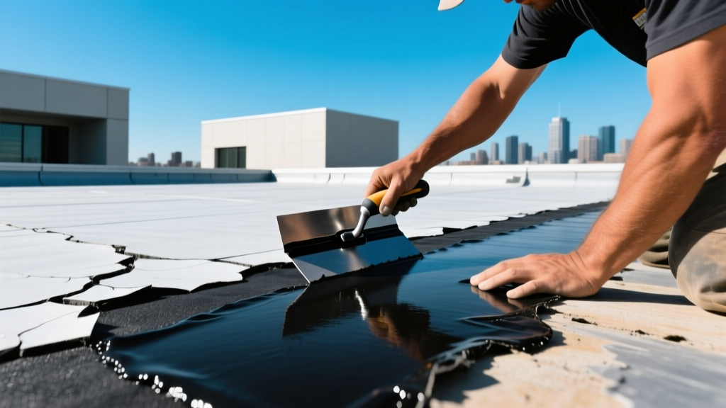 Contractor applying black polyurethane sealant to a cracked EPDM flat roof membrane with a notched trowel on a sunny day.