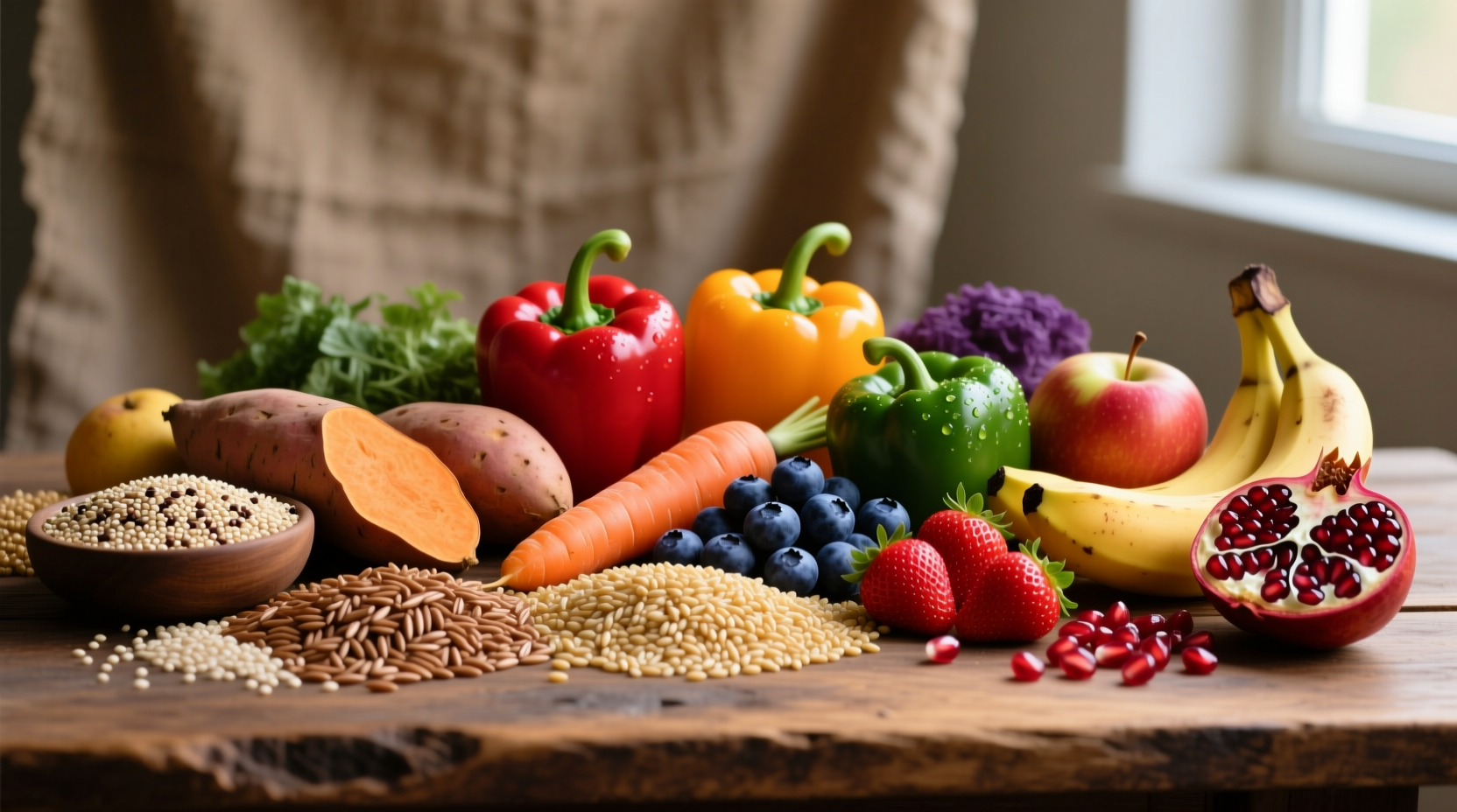 Colorful assortment of whole grain, fruit, and vegetable carbohydrate sources