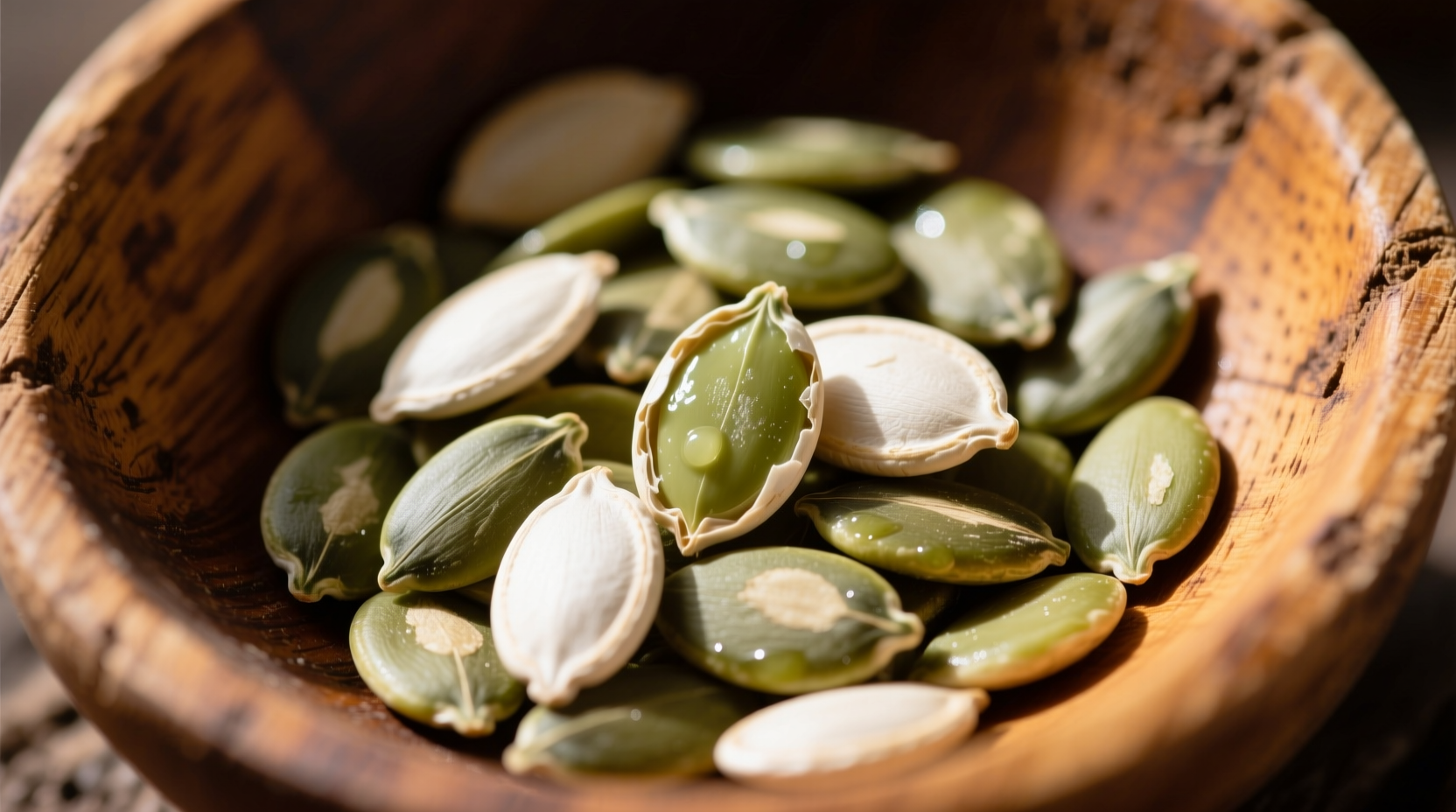Close-up of raw pumpkin seeds in wooden bowl