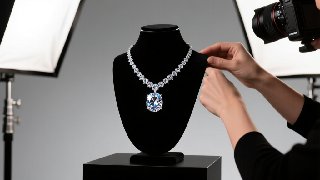 Photographer adjusting a 30-degree angled display necklace bust under softbox lighting to capture a sparkling diamond pendant.