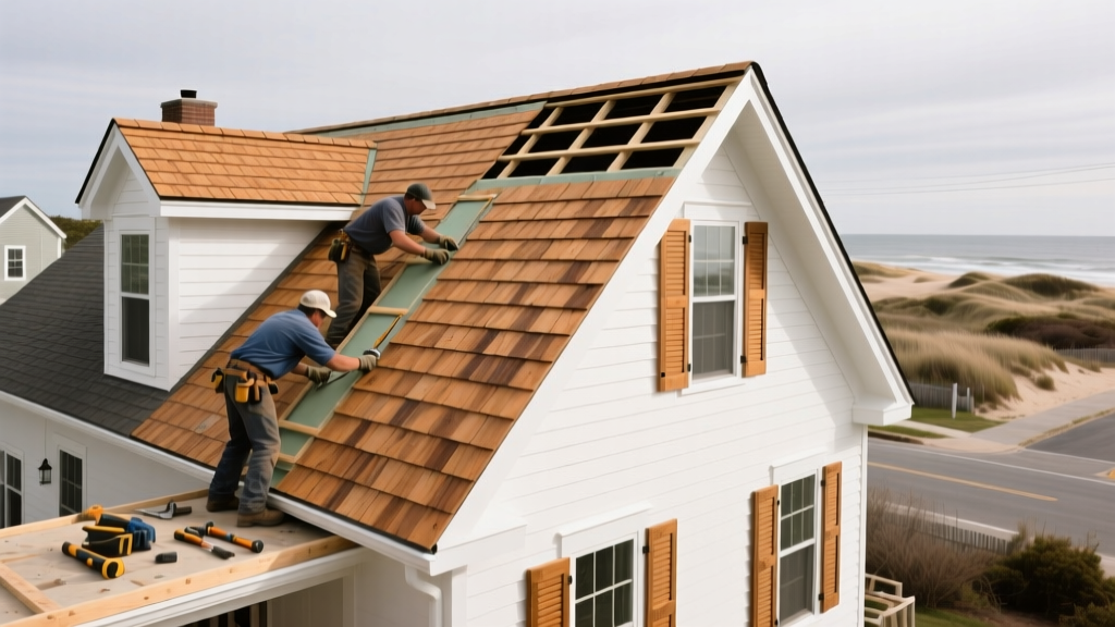 Weathered cedar-style fiber cement shingles being installed on a classic Cape Cod cottage in Barnstable under an overcast coastal sky