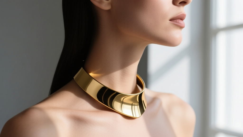 Side profile of a woman wearing a rigid PVD gold stainless steel cuff necklace, showing the smooth curve against her collarbone