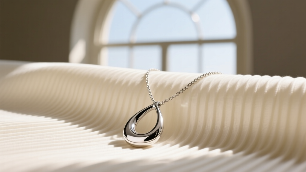 Vintage Elsa Peretti sterling silver teardrop necklace resting on ribbed cream silk fabric illuminated by soft morning window light