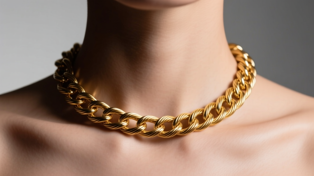 Close-up of an 18-inch 14k gold cable chain resting perfectly on a collarbone, soft studio lighting, macro jewelry photography.