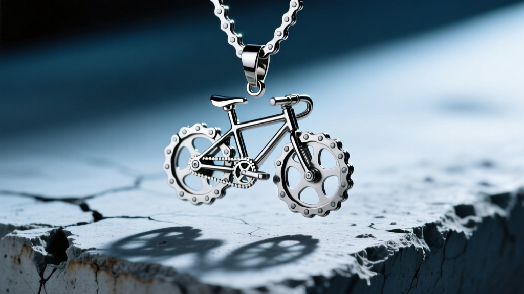 Macro shot of a titanium bike pendant with kinetic chainrings, resting on raw concrete under dramatic, moody side lighting.