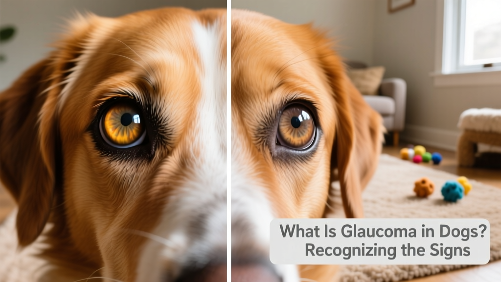 Side-by-side comparison of a healthy dog eye and one affected by glaucoma, showing bulging and cloudiness