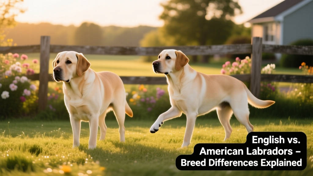 Side-by-side comparison of an English Lab (stockier, calmer posture) and an American Lab (leaner, more alert stance)