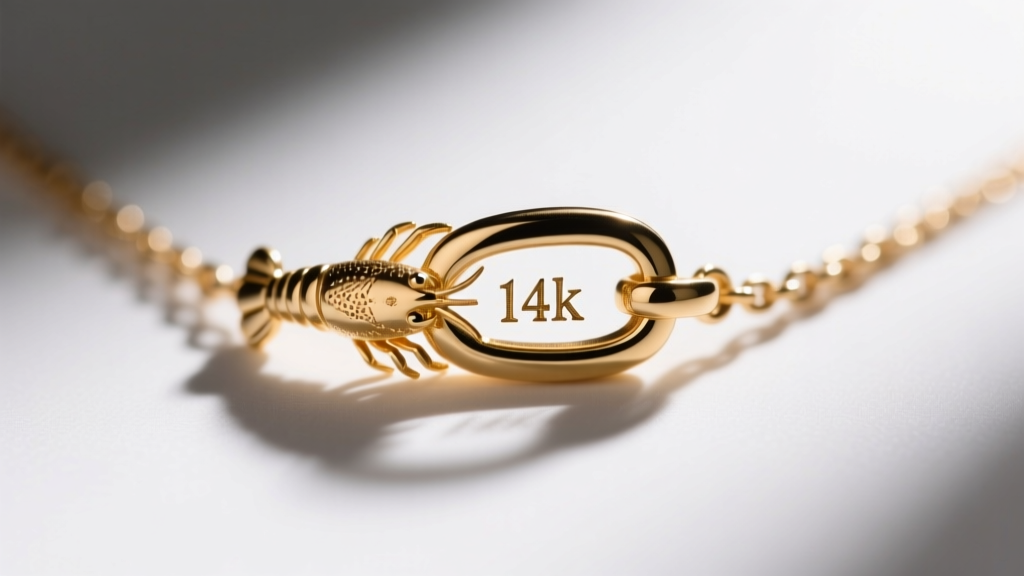 Extreme macro shot of a tiny 14K hallmark stamped on a gold necklace lobster clasp, illuminated by a harsh directional loupe light