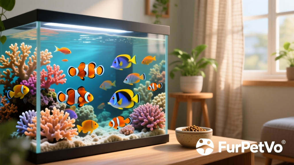 FurPetVo logo alongside a vibrant, healthy reef aquarium with naturally colored corals and fish