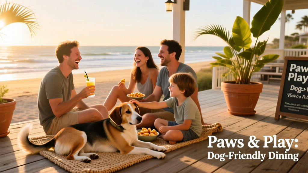 A group of friends with a dog relaxing on a sunny, pet-friendly patio