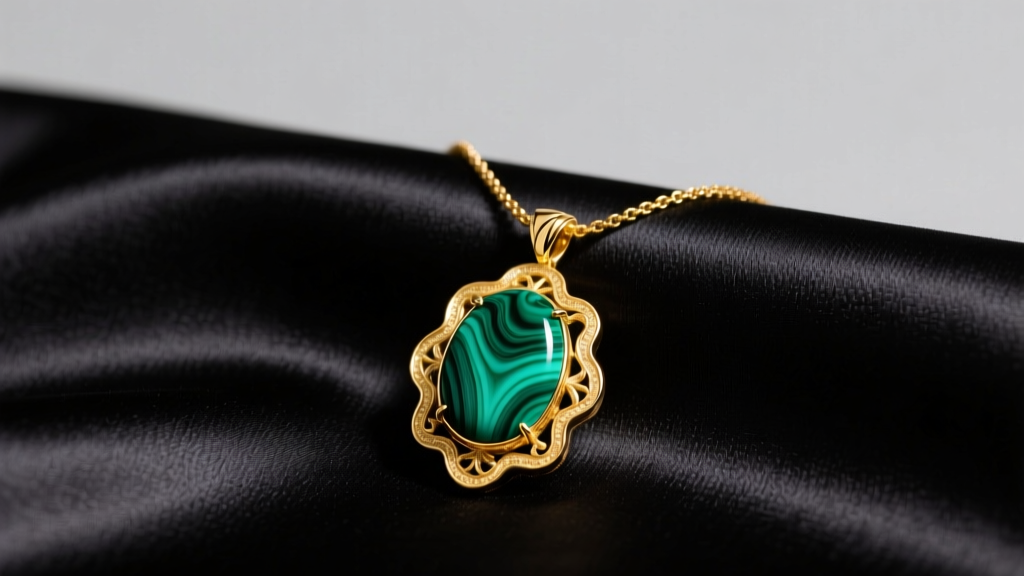 A luxurious 18k yellow gold green statement necklace featuring a large carved malachite pendant resting on dark silk fabric.