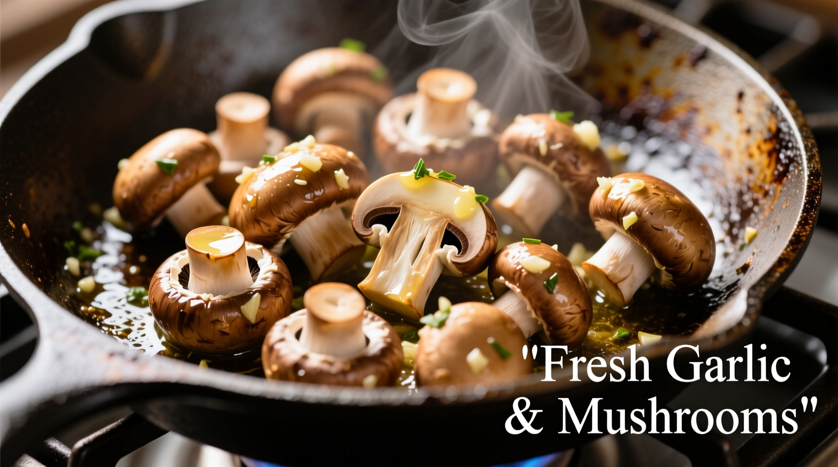 Golden brown garlic mushrooms in cast iron skillet