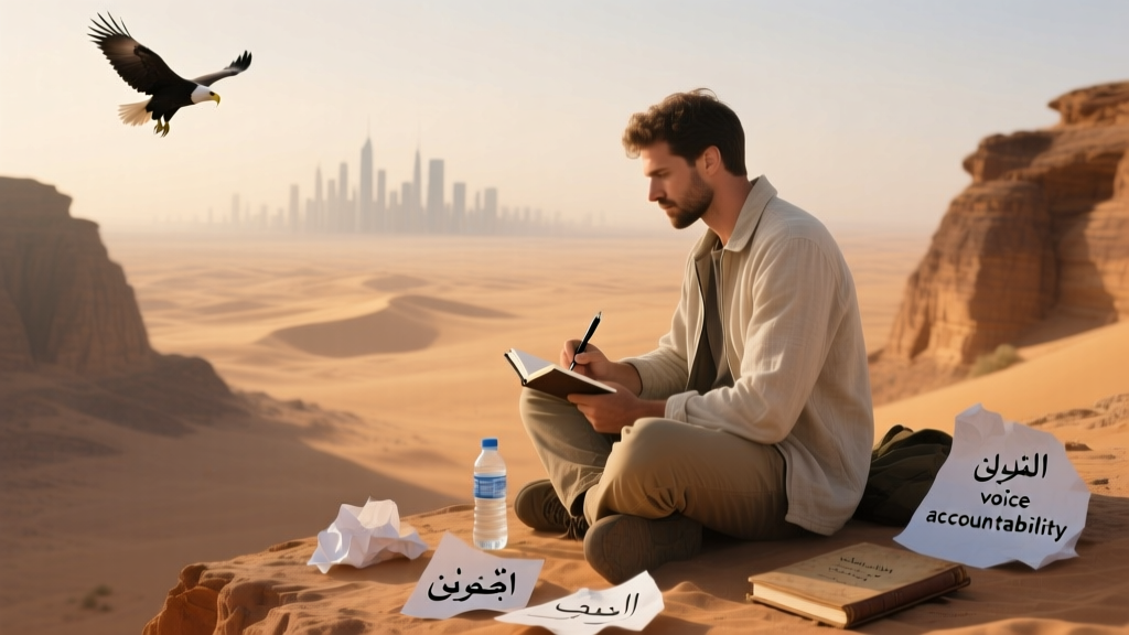 A solo traveler sitting on a cliff in the desert in Saudi Arabia